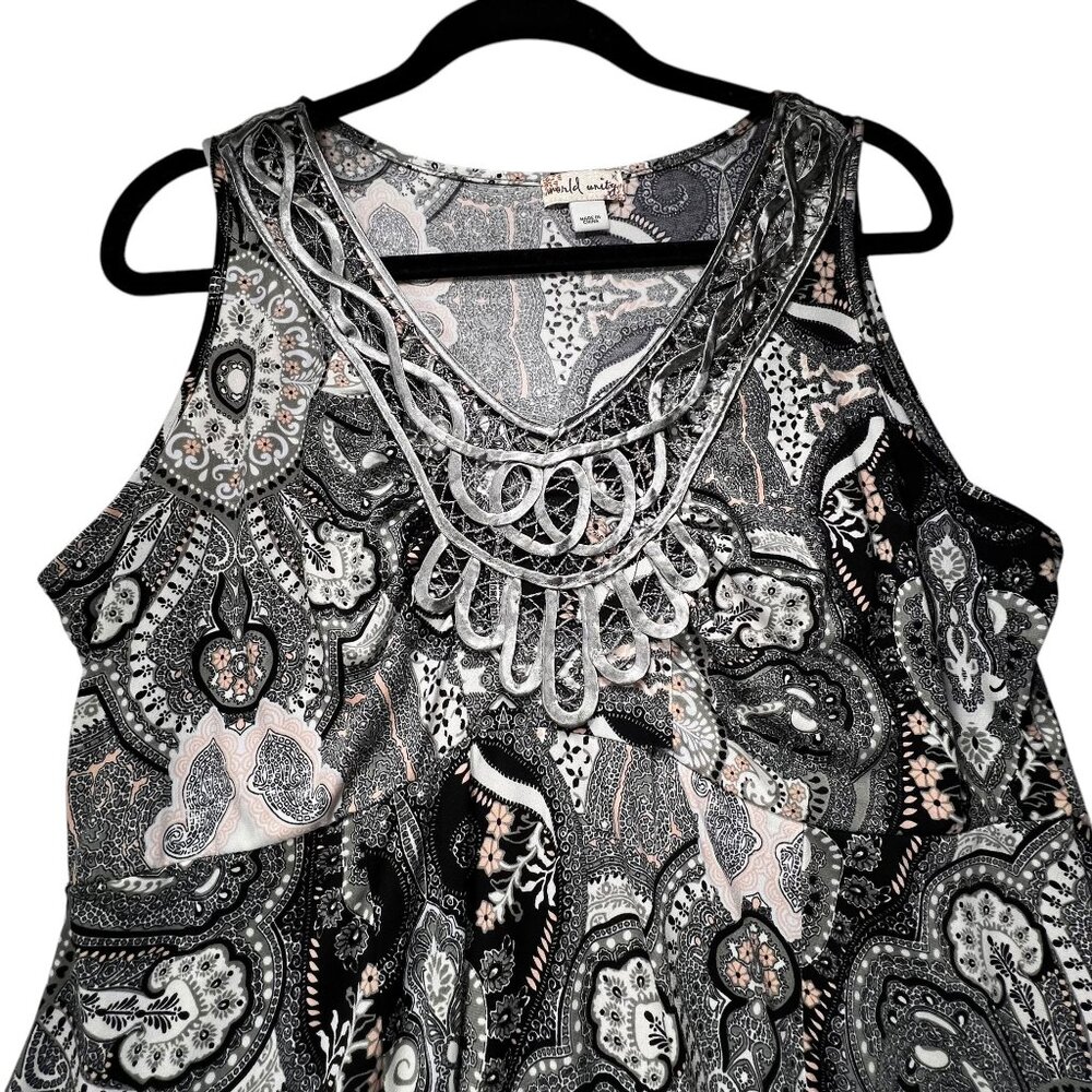 World Unity Sleeveless Paisley Maxi Dress Embroidery Gray Green Flowy Gypsy - Picture 3 of 12